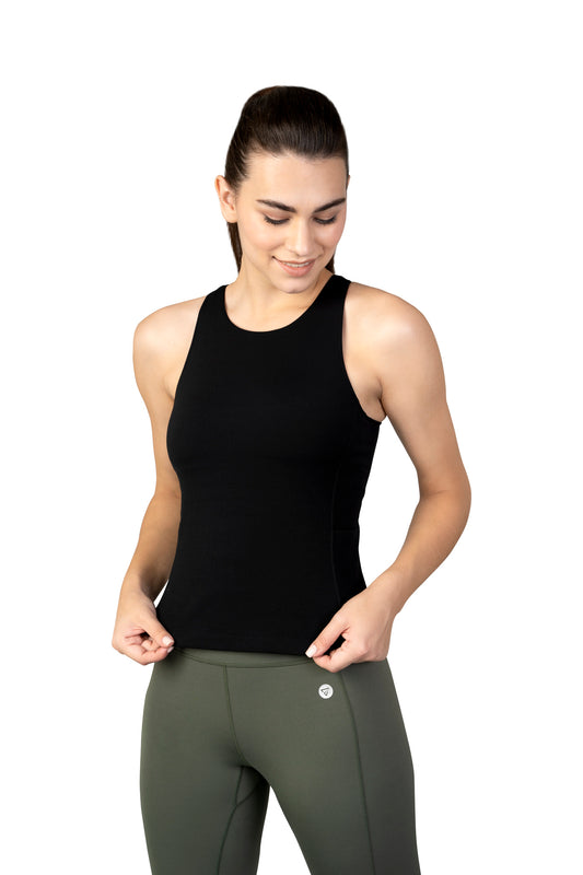 2 in 1 sweat wicking, ultimate stretch black support tank top 