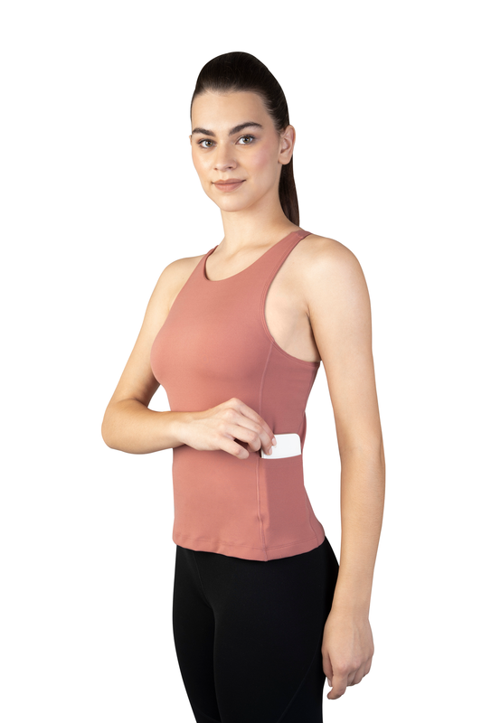 2 in 1 sweat wicking, ultimate stretch light mahogany support tank top 