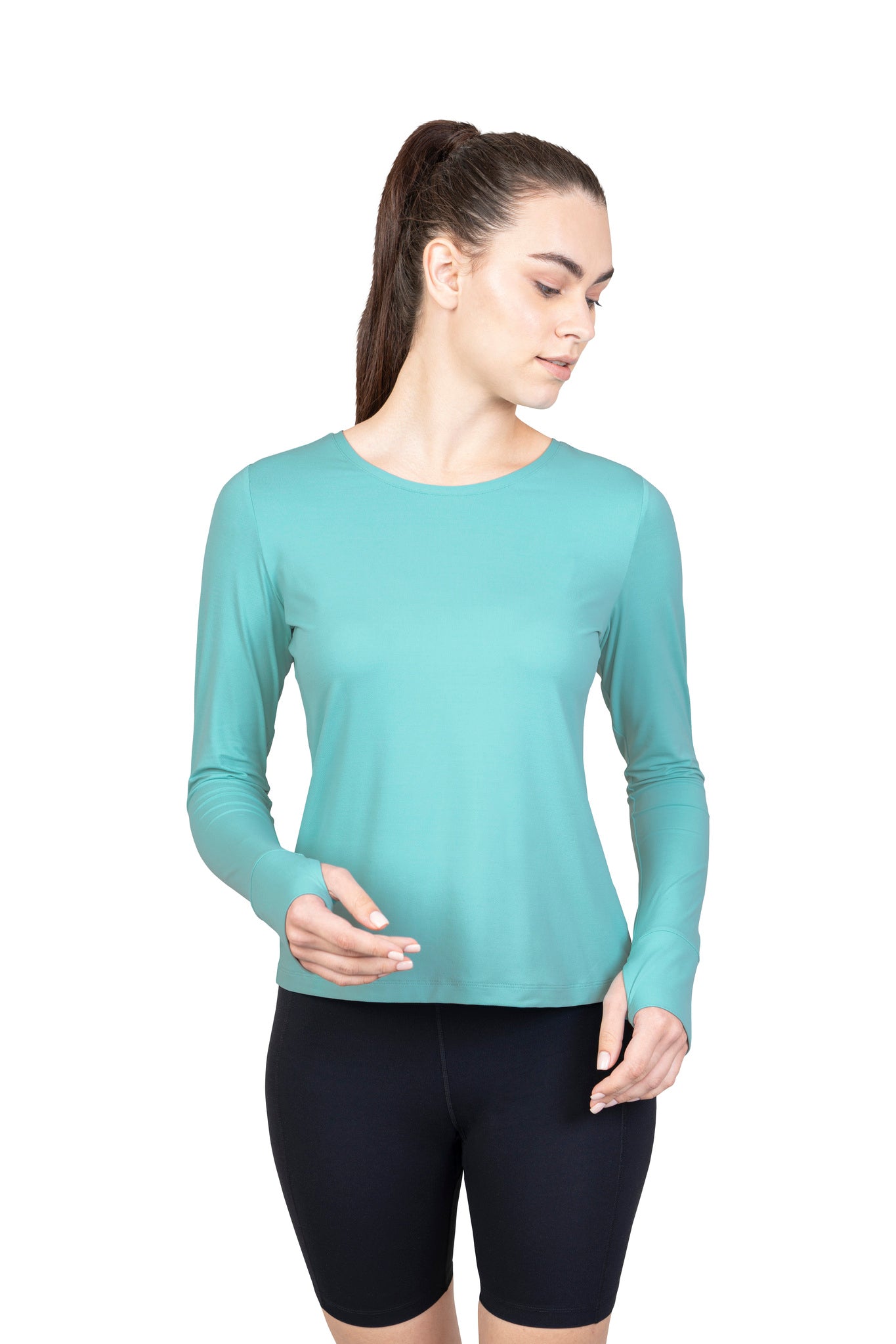 Light weight crew neck long sleeve thumb hole tee pool blue